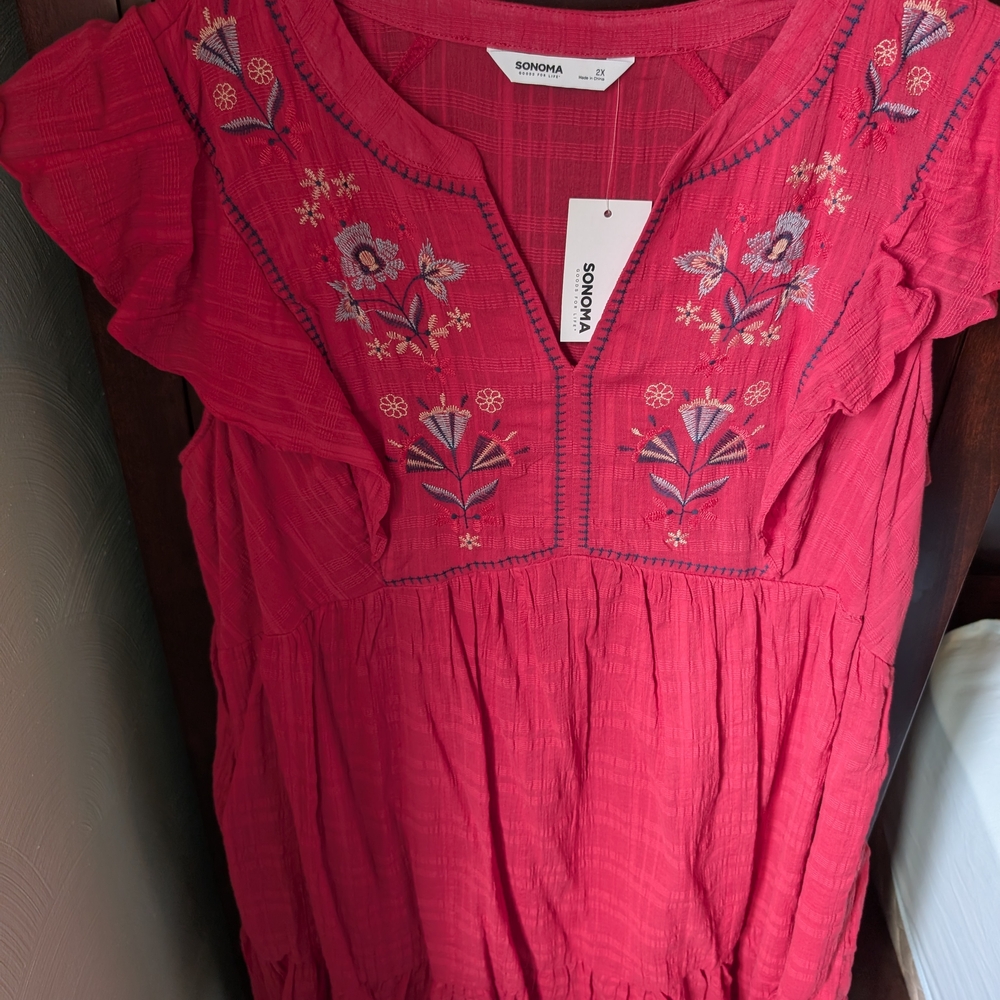 Sonoma Women's Red Midi Dress with Floral Embroidery